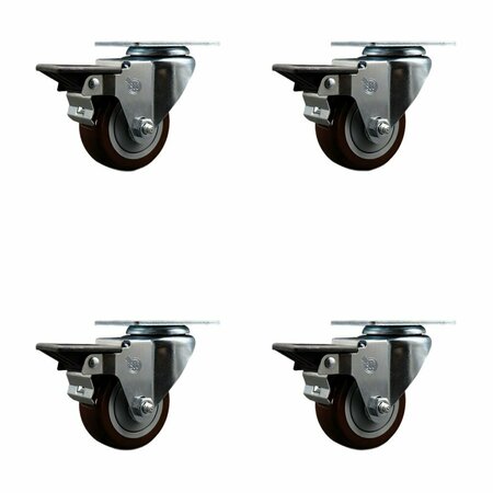 SERVICE CASTER 3'' Maroon Poly Wheel Swivel Top Plate Caster Set Posi Brake, 4PK SCC-20S314-PPUB-MRN-PLB-4